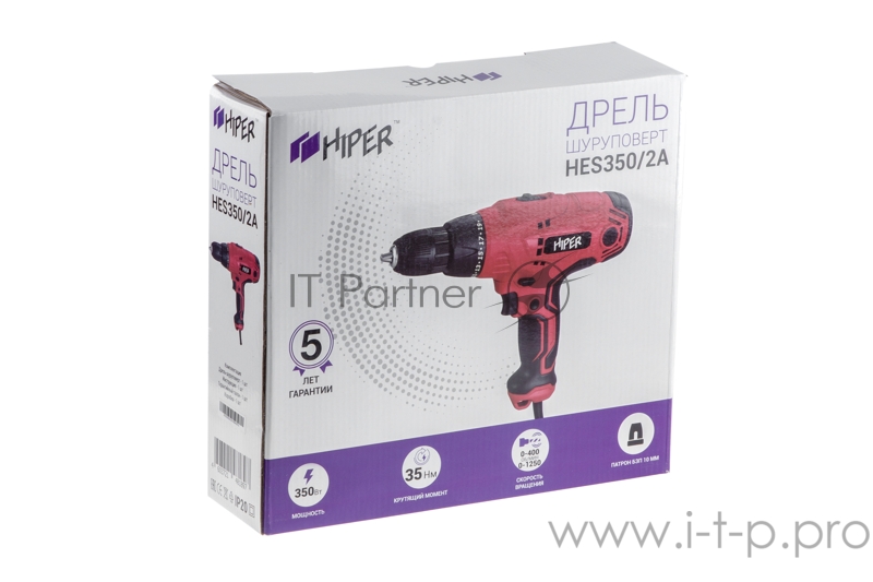 Шуруповерт DIY HIPER сет. HES350/2A 350Вт, 35Нм, 0 -750 / 0 - 2800об/мин, БЗП 10мм, коробка