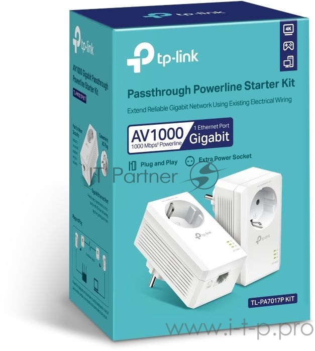 Сетевой адаптер AV1000 Gigabit Passthrough Powerline Starter KitSPEED: 1000 Mbps PowerlineSPEC: Broadcom CPU, HomePlug AV2, 1+1 Gigabit PortFEATURE: Plug and Play, tpPLC Utility, Pair for More Security, Extra Power SocketKIT: 2× TL-PA7017P