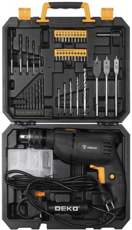 Дрель ударная сетевая DEKO DKID600W в пластиковом кейсе + набор инструментов 92 предмета063-4157