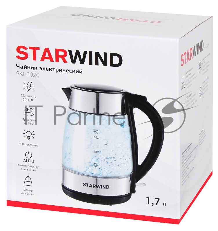 Чайник электрический Starwind SKG3026 1.7л. 2200Вт черный/серебристый (корпус: стекло)