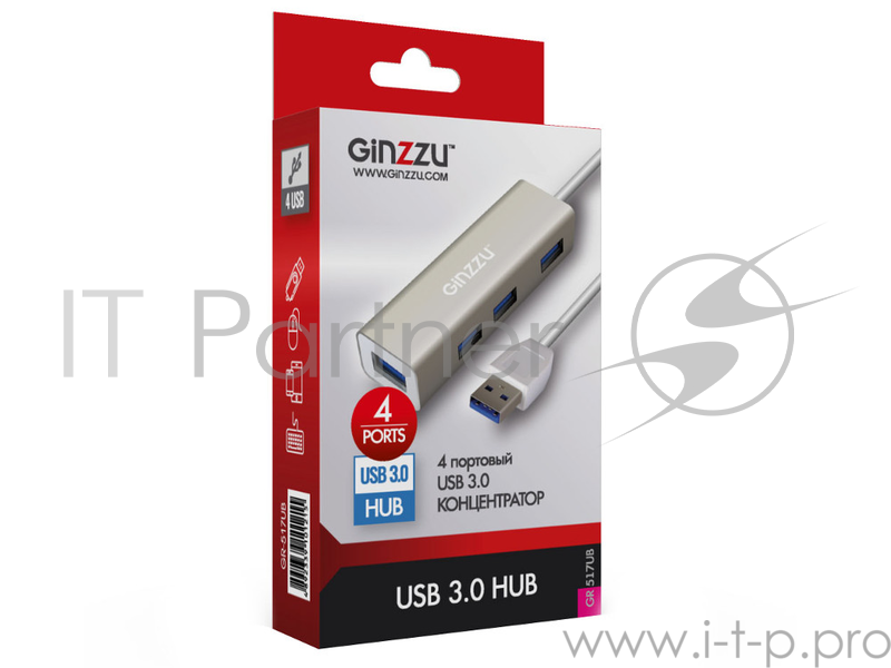 Контроллер HUB GR-517UB Ginzzu USB 3.0, 4 порта USB3.0, 20см кабель
