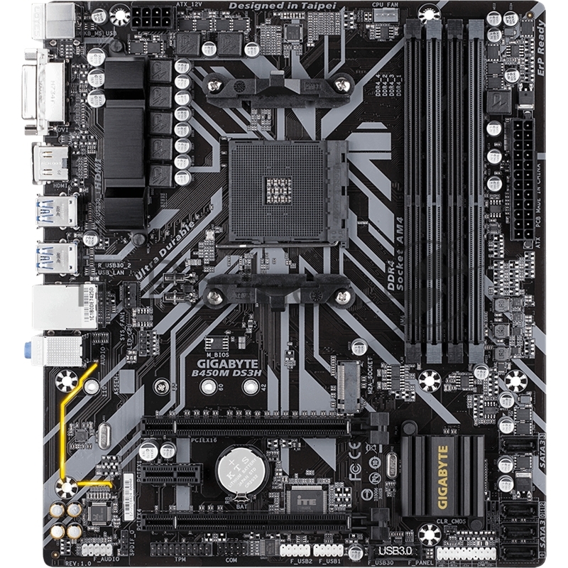 Мат. плата SocketAM4 GIGABYTE B450M DS3H (AMD B450, 4xDDR4, M.2, SATA III, RAID, 2xPCI-E, DVI, HDMI, 1Гбит LAN, USB3.1, mATX)