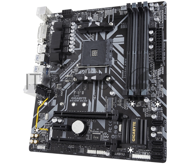 Мат. плата SocketAM4 GIGABYTE B450M DS3H (AMD B450, 4xDDR4, M.2, SATA III, RAID, 2xPCI-E, DVI, HDMI, 1Гбит LAN, USB3.1, mATX)