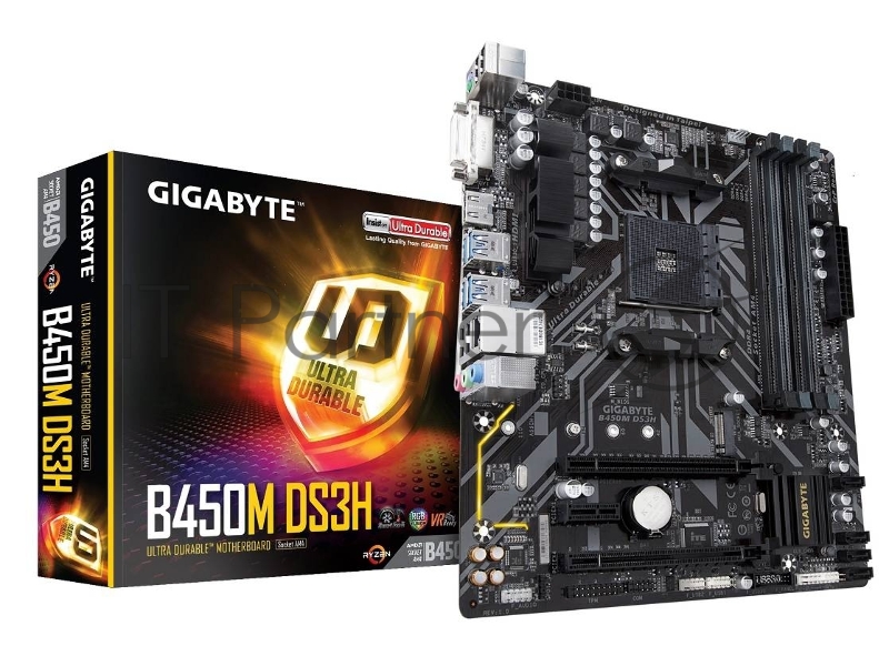 Мат. плата SocketAM4 GIGABYTE B450M DS3H (AMD B450, 4xDDR4, M.2, SATA III, RAID, 2xPCI-E, DVI, HDMI, 1Гбит LAN, USB3.1, mATX)