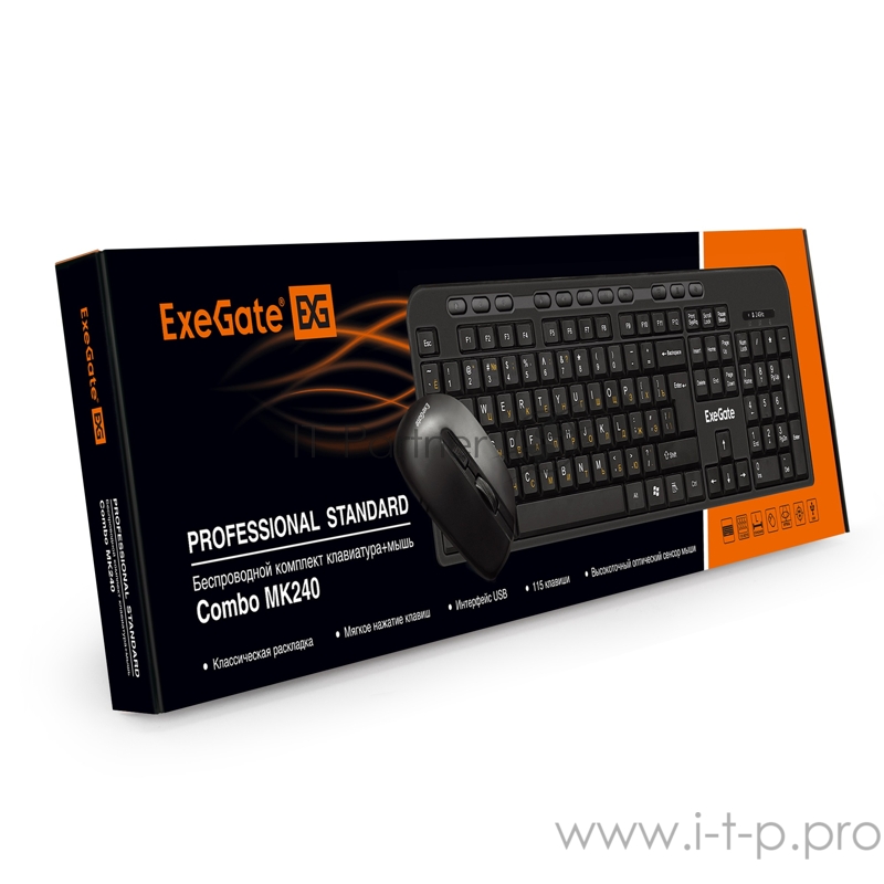 Комплект беспроводной ExeGate EX286220RUS Professional Standard Combo MK240 (клавиатура полноразмерная 115кл. + мышь оптическая 800/1000/1200dpi, 4 кнопки и колесо прокрутки USB, 2,4 ГГц, радиус действия до 12м, черный)