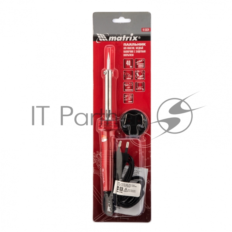 Паяльник, пласт. ABS с пониж. теплопровод, медный наконечник с долговеч. покрытием,220В,40W// MATRIX 913034