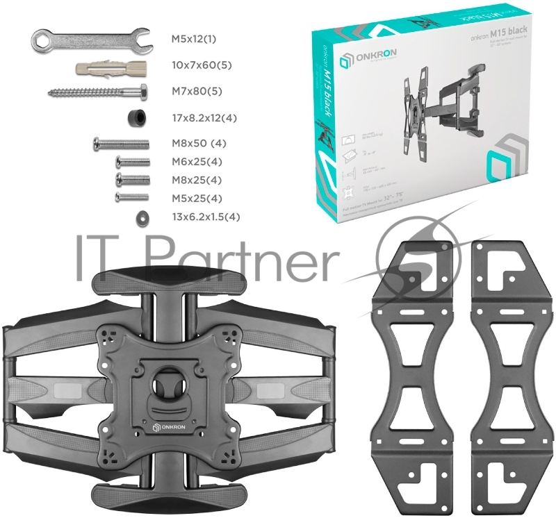 Кронштейн ONKRON Кронштейн ONKRON/ 32-60 макс 400*400, наклон -5°/+8° поворот ±140° Макс нагрузка 45,5кг, от стены 49-491мм, черный
