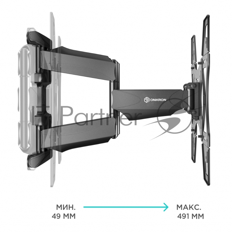Кронштейн ONKRON Кронштейн ONKRON/ 32-60 макс 400*400, наклон -5°/+8° поворот ±140° Макс нагрузка 45,5кг, от стены 49-491мм, черный
