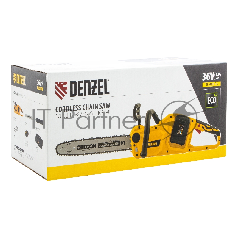 Цепная пила аккумуляторная бесщет. DENZEL RCS400-36, Li-ion, 36 В, 4 Ач, шина 400 мм/ 58610