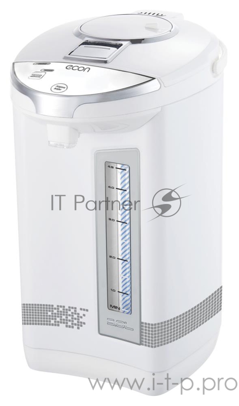 Термопот Econ ECO-503TP электрический, мощность 750Вт, объем 5 литров, электронное управление, тип стали - нержавеющая 304, Способ подачи воды - автоматический, механический и касанием чашкой, защита от перегрева, защита от перепада напряжения, функц