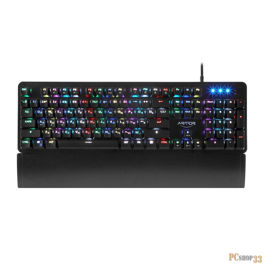 Клавиатура CBR KB 890 Armor, механическая игровая, USB, 104 кл., свитчи Outemu Blue, Anti-Ghosting, N-key rollover, RGB LED, 60 млн. наж., прорезин. ножки, корп. металл, подст. под запястье, каб. 1,8м