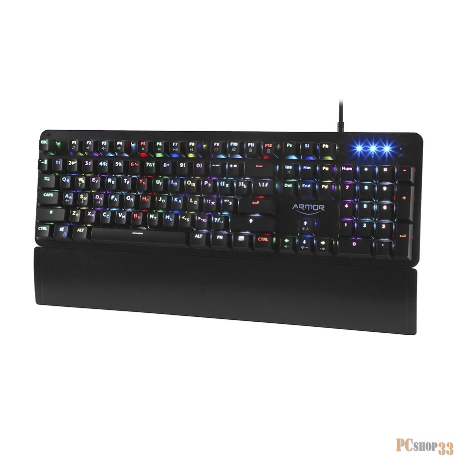 Клавиатура CBR KB 890 Armor, механическая игровая, USB, 104 кл., свитчи Outemu Blue, Anti-Ghosting, N-key rollover, RGB LED, 60 млн. наж., прорезин. ножки, корп. металл, подст. под запястье, каб. 1,8м