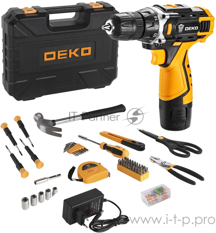 Аккумуляторная дрель DEKO DKCD12FU-Li в кейсе + набор инструментов для дома 104 шт, 12В, 1x2.0 Ач,