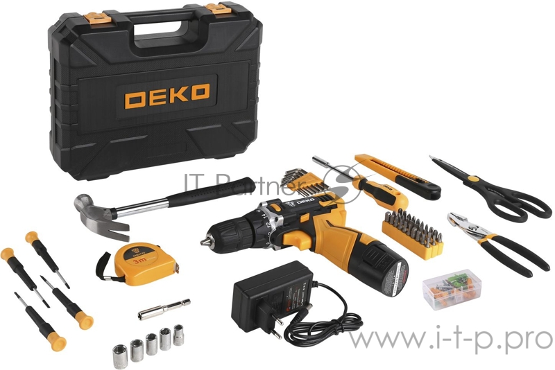 Аккумуляторная дрель DEKO DKCD12FU-Li в кейсе + набор инструментов для дома 104 шт, 12В, 1x2.0 Ач,