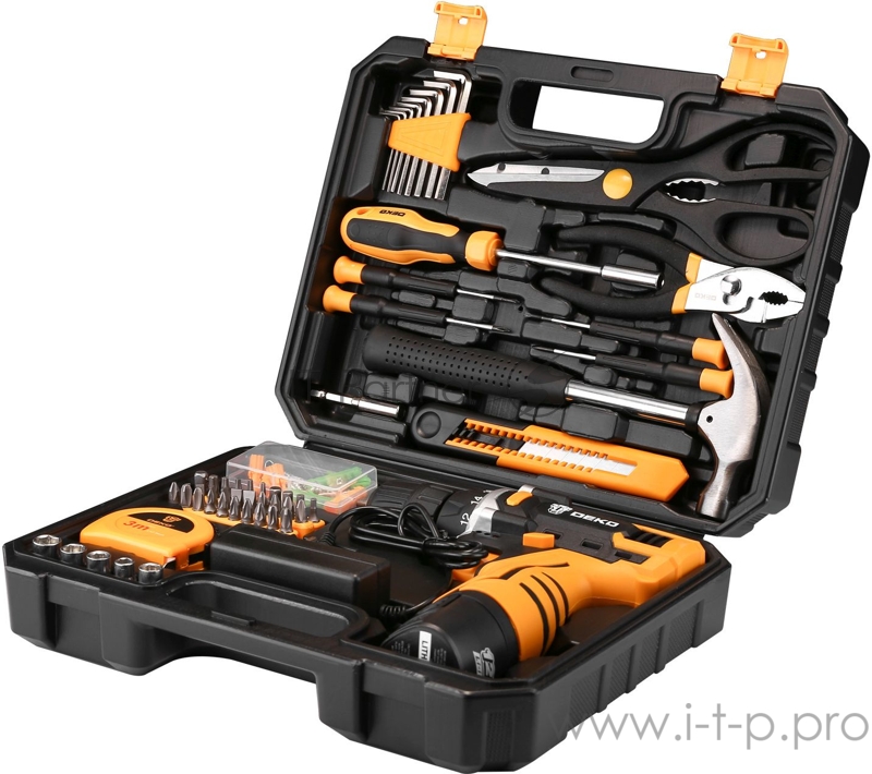 Аккумуляторная дрель DEKO DKCD12FU-Li в кейсе + набор инструментов для дома 104 шт, 12В, 1x2.0 Ач,