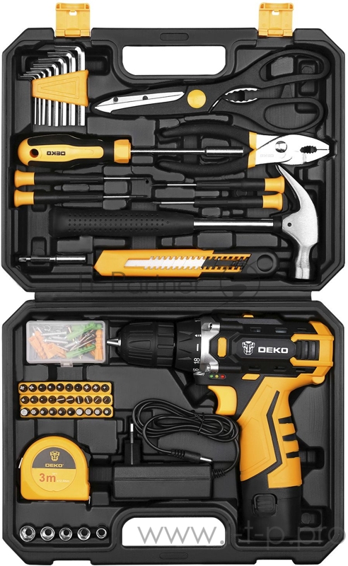 Аккумуляторная дрель DEKO DKCD12FU-Li в кейсе + набор инструментов для дома 104 шт, 12В, 1x2.0 Ач,