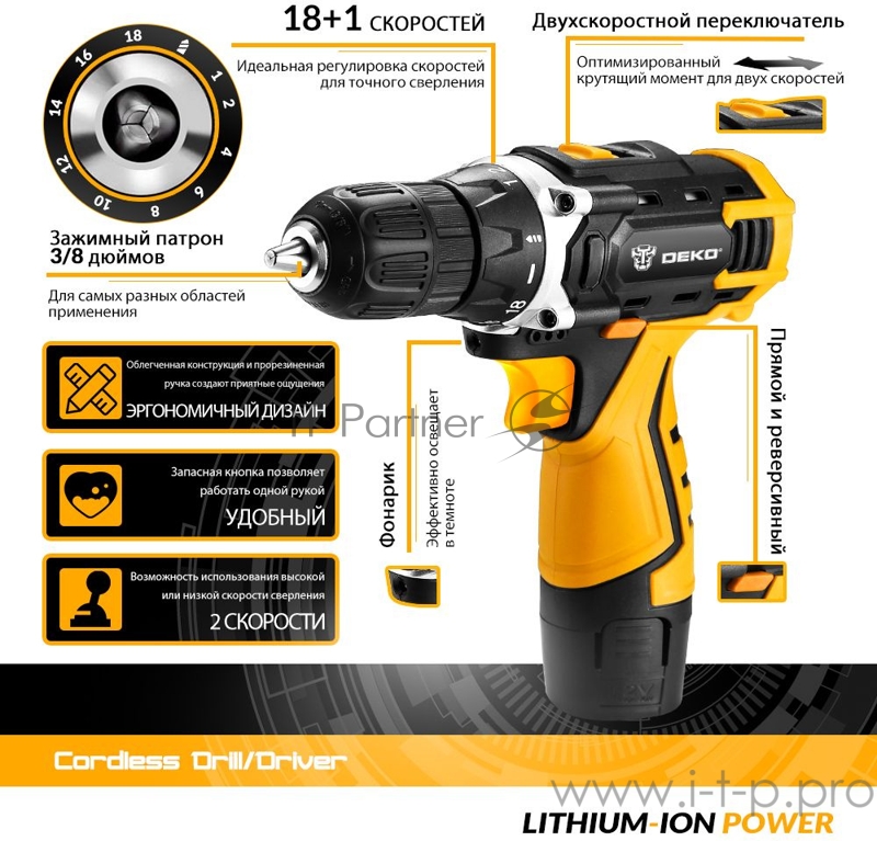 Аккумуляторная дрель DEKO DKCD12FU-Li в кейсе + набор инструментов для дома 104 шт, 12В, 1x2.0 Ач,