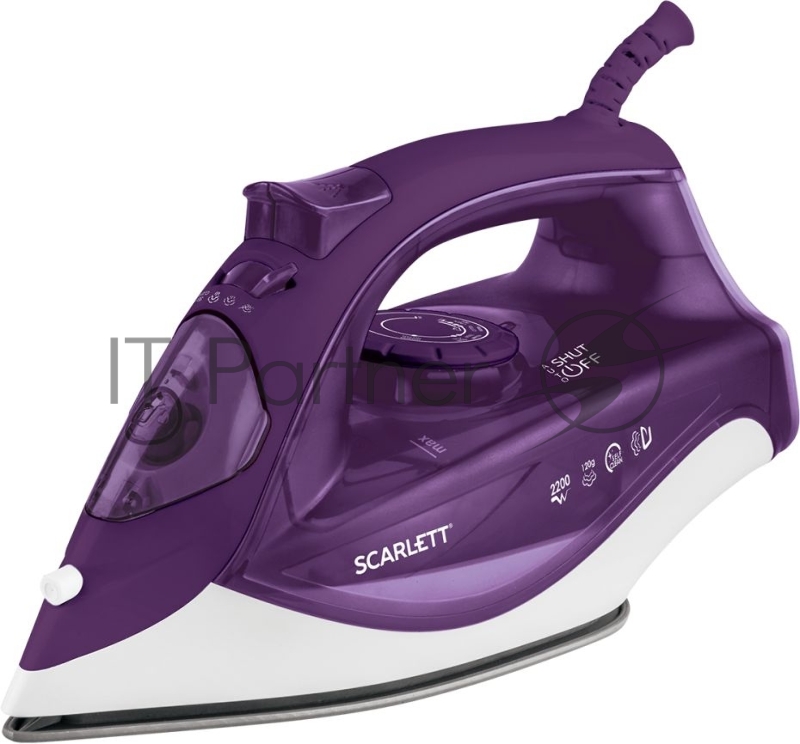 Утюг Scarlett SC-SI30K51 (фиолетовый) Мощность, Вт: 2200 Световой индикатор работы: Да Регулируемый пар до г/мин: 60 Паровой удар до г/мин: 120 Резервуар для воды, мл: 250 Функция разбрызгивания воды: Да Терморегулятор: Да Вертикальное отпаривание: