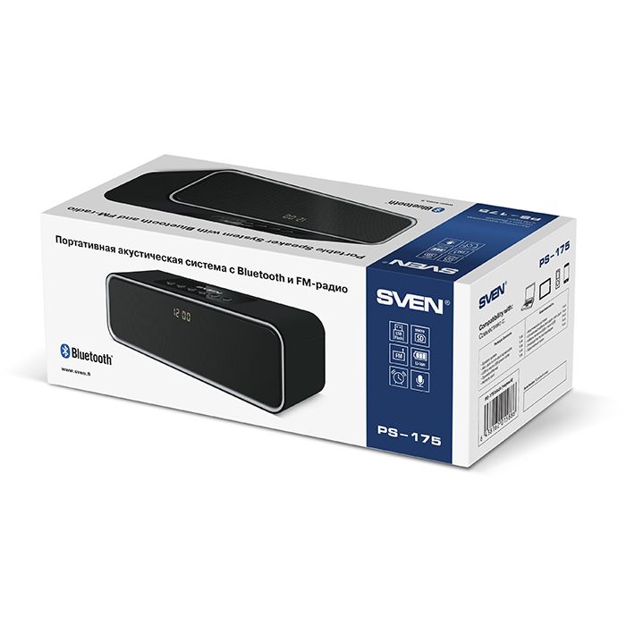 Колонки SVEN PS-175, черный (10 Вт, Bluetooth, FM, USB, microSD, LED-дисплей, часы, 2000мА*ч)