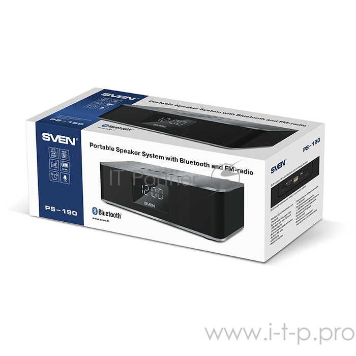 Колонки SVEN PS-190, черный-серебро (10 Вт, Bluetooth, FM, USB, microSD, LED-дисплей, часы, 2000мА*ч)