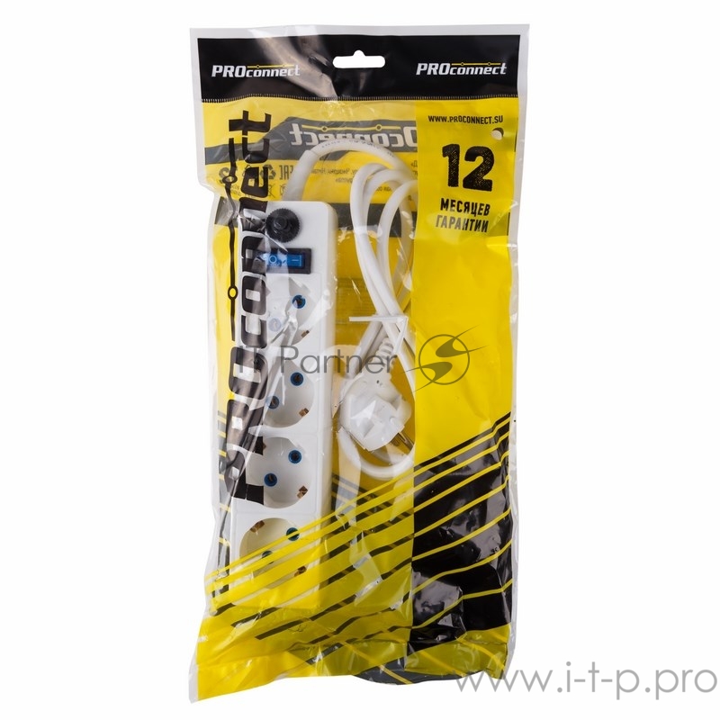 Сетевой фильтр 4 гнезда 5 м, 3х0.75 мм² с/з + авто выкл STANDART белый PROCONNECT