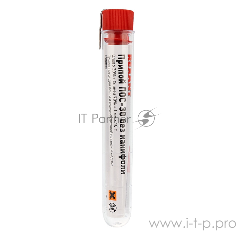 Припой без канифоли ПОС-30 REXANT, 10 г, Ø1.0 мм, (олово 30%, свинец 70%), колба