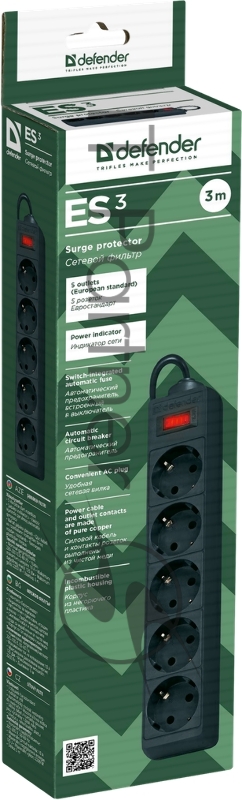Сетевой фильтр Defender Фильтр ES, 3.0м, 5 розеток, черный 99485