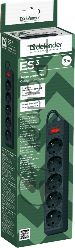Сетевой фильтр Defender Фильтр ES, 3.0м, 5 розеток, черный 99485