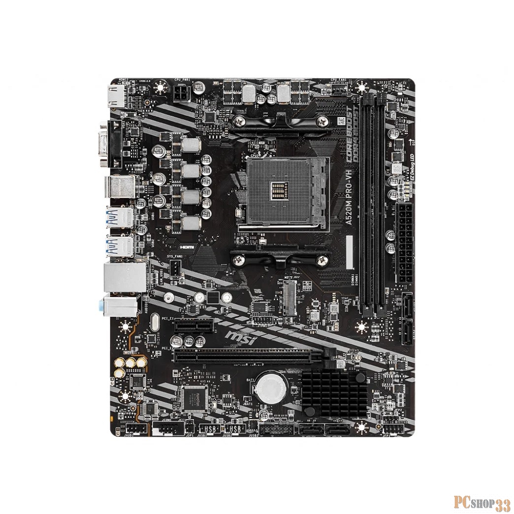 A520M PRO-VH ,mATX, Socket AM4, AMD® A520, 2xDDR4-4600, HDMI+VGA, 1xPCI-Ex16x, 1xPCI-Ex1x, 4xSATA3(RAID 0/1/10), 1xM.2, 8 Ch Audio, GLan, (2+4)xUSB2.