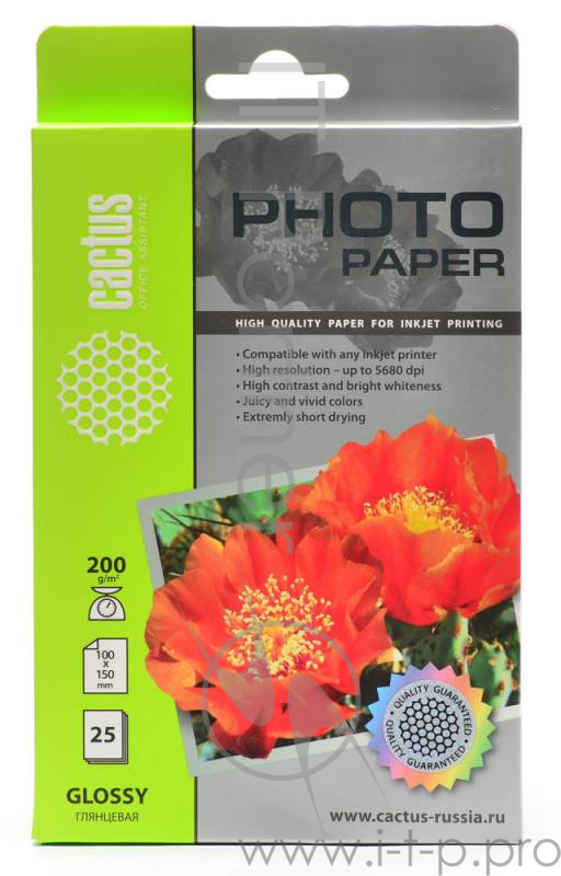 Бумага CACTUS GA620025 Фотобумага Cactus CS-GA620025 глянцевая, 10x15, 200 г/м2, 25 листов