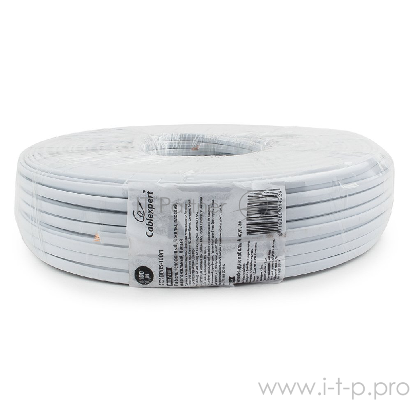 Кабель Gembird Кабель телефонный 100м (4-х жильный, 2 пары, плоский) серый/белый
