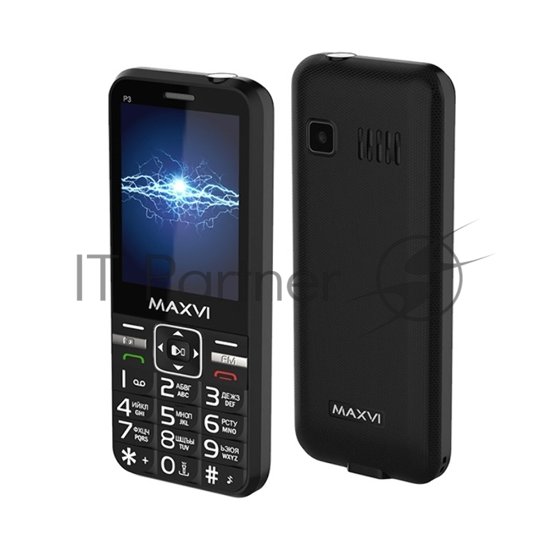 Мобильный телефон Maxvi P3 black (2 SIM)(Стандарт GSM 900/1800Mhz. Поддержка двух сим-карт (Dual SIM). Дисплей 2,8”. Камера 0,3 Mpx. Поддержка карты памяти MicroSD. Аудио MP3/Видео MP4/FM-радио. Bluetooth 2.0.)