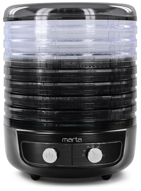 Сушилка для овощей и фруктов MARTA MFD-8083PS черный жемчуг 600 W, 8 регулируемых по высоте поддонов, 3 из них разборные,3 для пастилы установка температуры от 35 до 70 С вентилятор, cветовой индикатор Подходит для сушки овощей, фруктов, трав, орехов