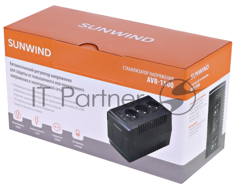 Стабилизатор напряжения SunWind AVR-1500 750Вт 1500ВА черный