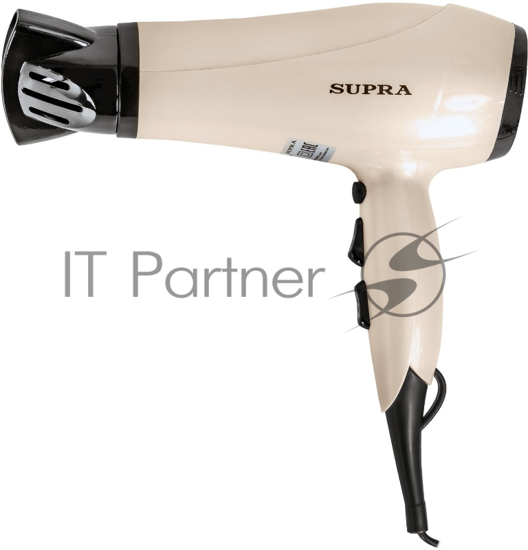 Фен SUPRA PHS-2205L (Мощность 2200 Вт. 2 скорости воздушного потока. 3 режима нагрева. Функция «Холодный обдув». Функция ионизации воздуха. Насадки: концентратор диффузор.)