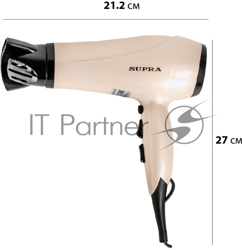Фен SUPRA PHS-2205L (Мощность 2200 Вт. 2 скорости воздушного потока. 3 режима нагрева. Функция «Холодный обдув». Функция ионизации воздуха. Насадки: концентратор диффузор.)
