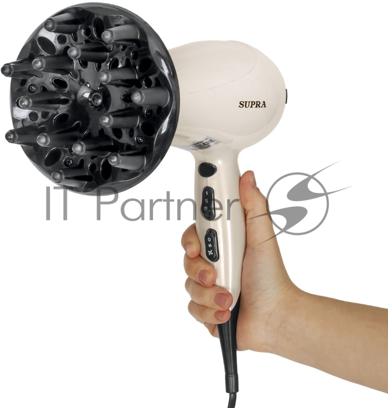 Фен SUPRA PHS-2205L (Мощность 2200 Вт. 2 скорости воздушного потока. 3 режима нагрева. Функция «Холодный обдув». Функция ионизации воздуха. Насадки: концентратор диффузор.)