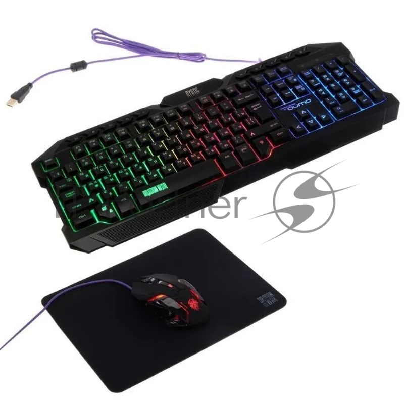 Игровой набор Qumo Mystic K58/M76, кл-ра проводная 104 + 10 клавиш мультимедиа, встроенные подсветки общая + кнопок 3 цвета, мышь проводная, оптическая, 1200/1600/2400/3200 dpi с подсветкой, коврик