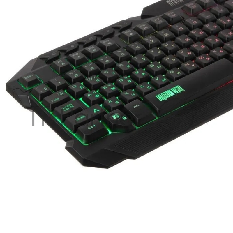 Игровой набор Qumo Mystic K58/M76, кл-ра проводная 104 + 10 клавиш мультимедиа, встроенные подсветки общая + кнопок 3 цвета, мышь проводная, оптическая, 1200/1600/2400/3200 dpi с подсветкой, коврик