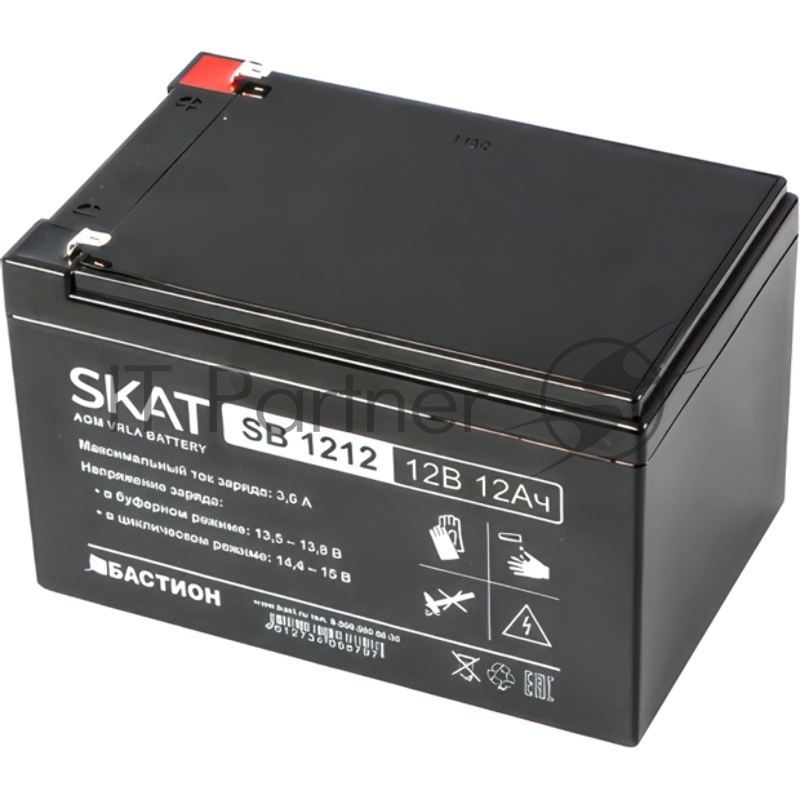 Аккумулятор SKAT SB 1212, 12В, 12Ач, максимальный ток заряда 3,6 А. Тип клеммы — F1 нож. Размер корпуса — 99х151х100. Вес — 3,2 кг. Срок службы — 6 лет. - 18 месяцев. SKAT SB 1212, 12V, 12Ah, maximum charge current 3.6 A. Terminal type - F1