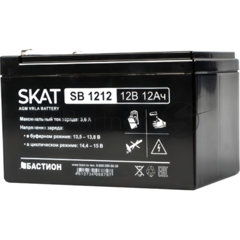 Аккумулятор SKAT SB 1212, 12В, 12Ач, максимальный ток заряда 3,6 А. Тип клеммы — F1 нож. Размер корпуса — 99х151х100. Вес — 3,2 кг. Срок службы — 6 лет. - 18 месяцев. SKAT SB 1212, 12V, 12Ah, maximum charge current 3.6 A. Terminal type - F1