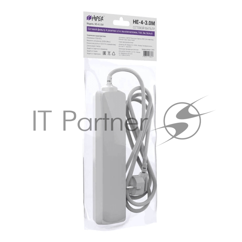 Сетевой фильтр HIPER 4 розетки с/з с выключателем, 16А, 3м, белый