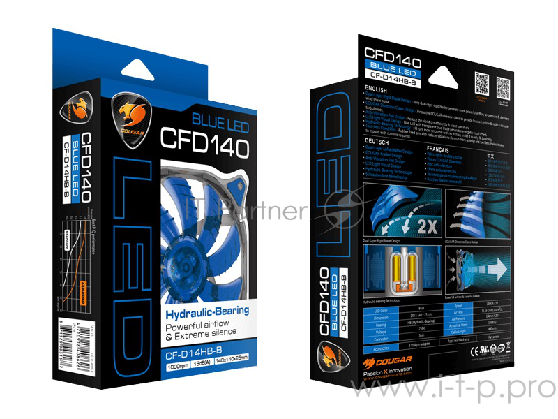 Вентиляторы Cougar CFD140 BLUE Вентилятор CFD140 BLUE 140x 140x 25мм (40шт./кор, пит. от мат.платы и БП, синяя подсветка, 1000об/мин) (CF-D14HB-B) Retail