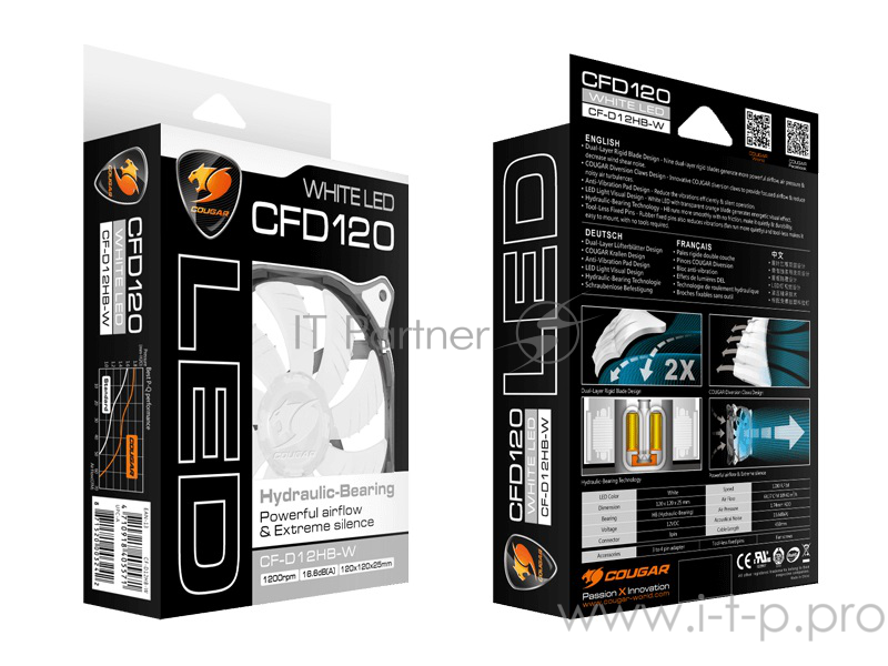 Вентиляторы Cougar CFD120 WHITE Вентилятор CFD120 WHITE 120x 120x 25мм (40шт./кор, пит. от мат.платы и БП, белая подсветка, 1200об/мин) (CF-D12HB-W) Retail