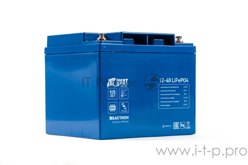 Аккумуляторная батарея Skat i-Battery 12-40 LiFePo4, 12 В, 40 Ач Li-Ion АКБ, на базе LiFePO4 элементов IFR 32650, структура 4S7P. Номинальное напряжение 12,8 В, напряжение заряда до 14В. Максимальный ток разряда до 30 А ток заряда до 20А. Встроенная