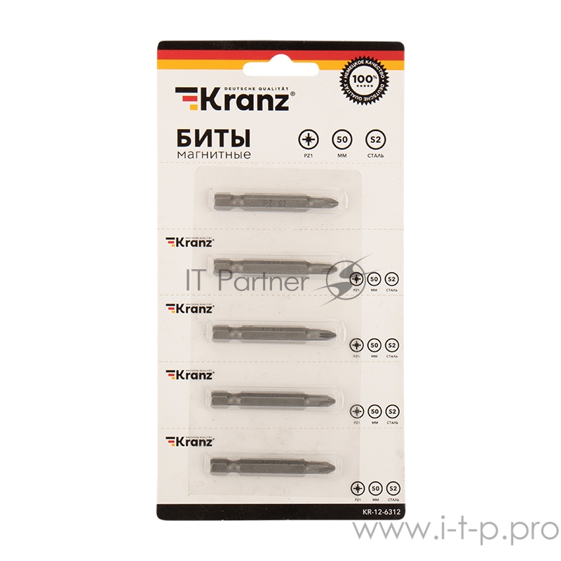 Бита PZ 1x50 мм для шуруповерта сталь S2 5 шт. (лента) Kranz