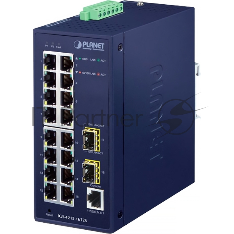 Коммутатор PLANET IGS-4215-16T2S IP30 Industrial L2/L4 16-Port 10/100/1000T + 2-Port 100/1000X SFP Managed Switch (-40~75 degrees C, dual redundant power input on 12~48VDC/24VAC terminal block)