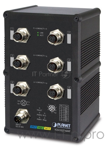 Индустриальный IP67 коммутатор PLANET Technology IGS-5227-6MT IP67-rated Industrial L2+ 6-Port 10/100/1000T A-coded M12 Managed Ethernet Switch (-40~75 degrees C) , ERPS Ring, 1588, Modbus TCP