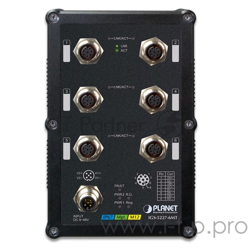 Индустриальный IP67 коммутатор PLANET Technology IGS-5227-6MT IP67-rated Industrial L2+ 6-Port 10/100/1000T A-coded M12 Managed Ethernet Switch (-40~75 degrees C) , ERPS Ring, 1588, Modbus TCP