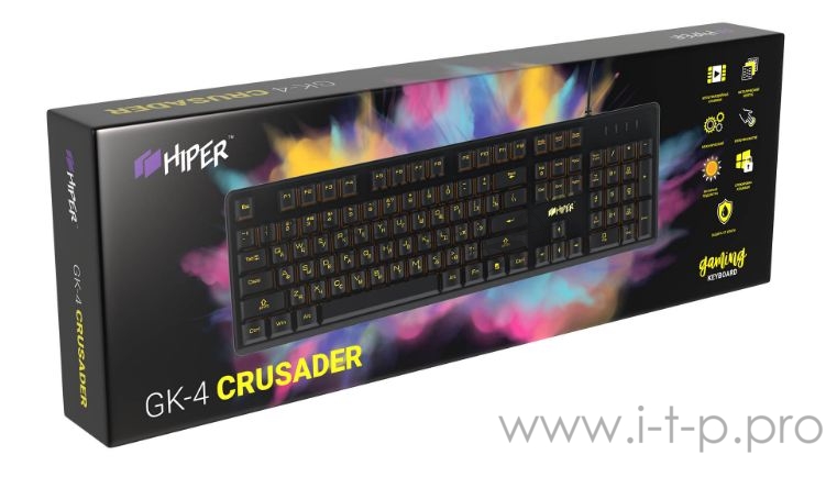 Игровая клавиатура чёрная HIPER GK-4 CRUSIDER (Slim, USB, Xianghu Blue switches, Янтарная подсветка, Влагозащита)